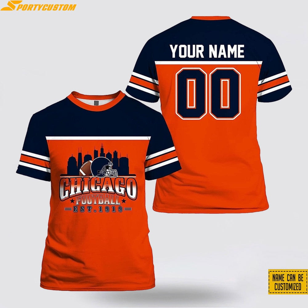 Chicago Bears City Custom Name & Number All Over Printed T-Shirt - Navy/Orange
