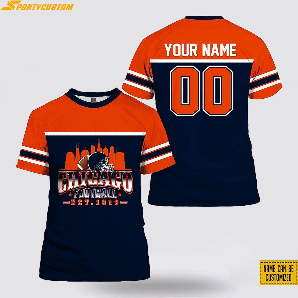 Chicago Bears City Custom Name & Number All Over Printed T-Shirt - Orange/Navy
