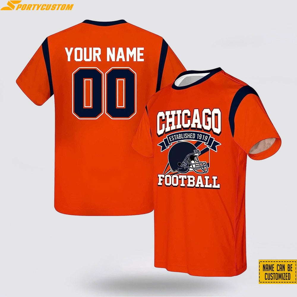 Chicago Bears Helmet Football Custom Name & Number All Over Printed T-Shirt - Orange