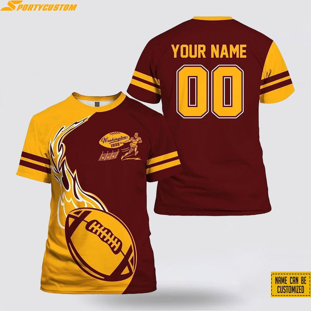 Washington Commanders Fire Ball Custom Name & Number All Over Printed T-Shirt - Burgundy/Gold