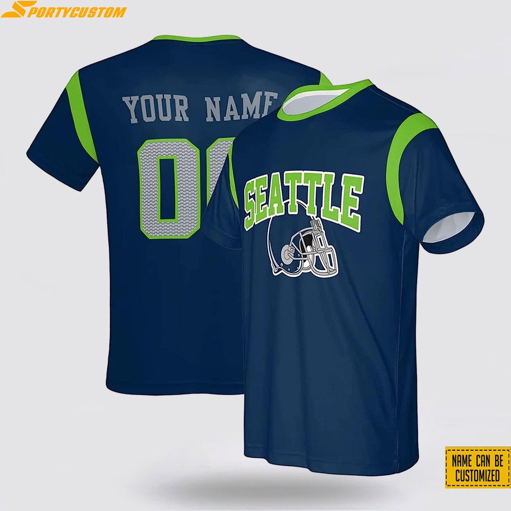 Seattle Seahawks Helmet Custom Name & Number All Over Printed T-Shirt - Navy