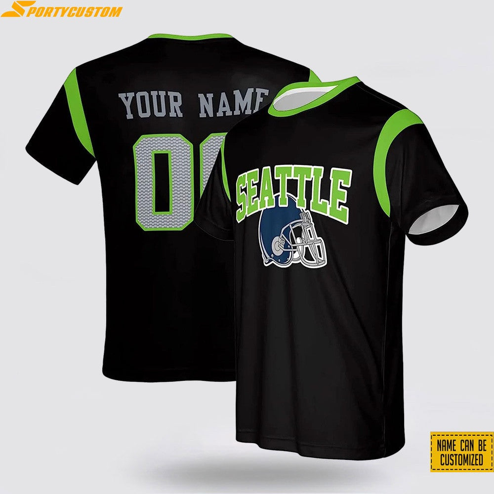 Seattle Seahawks Helmet Custom Name & Number All Over Printed T-Shirt - Black