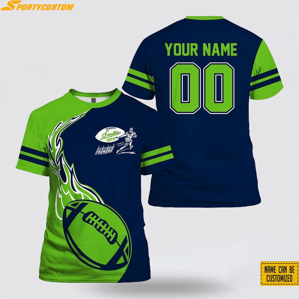 Seattle Seahawks Fireball Custom Name & Number All Over Printed T-Shirt - Green/Navy