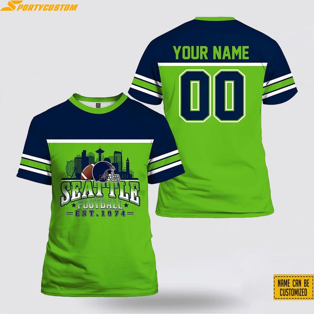 Seattle Seahawks City Custom Name & Number All Over Printed T-Shirt - Navy/Green