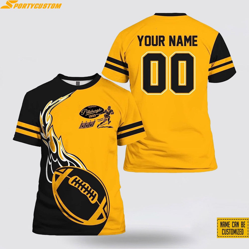 Pittsburgh Steelers Fireball Custom Name & Number All Over Printed T-Shirt - Black/Gold