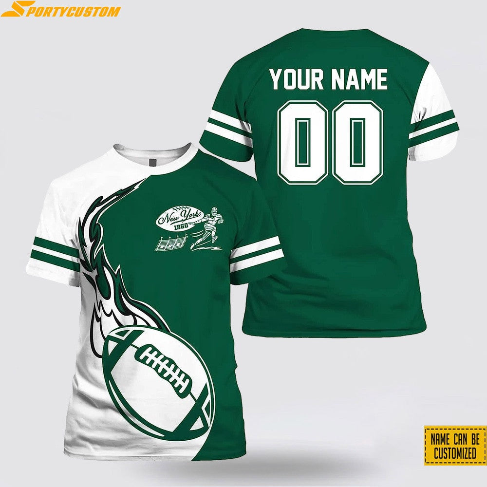 New York Jets Fireball Custom Name & Number All Over Printed T-Shirt - White/Green