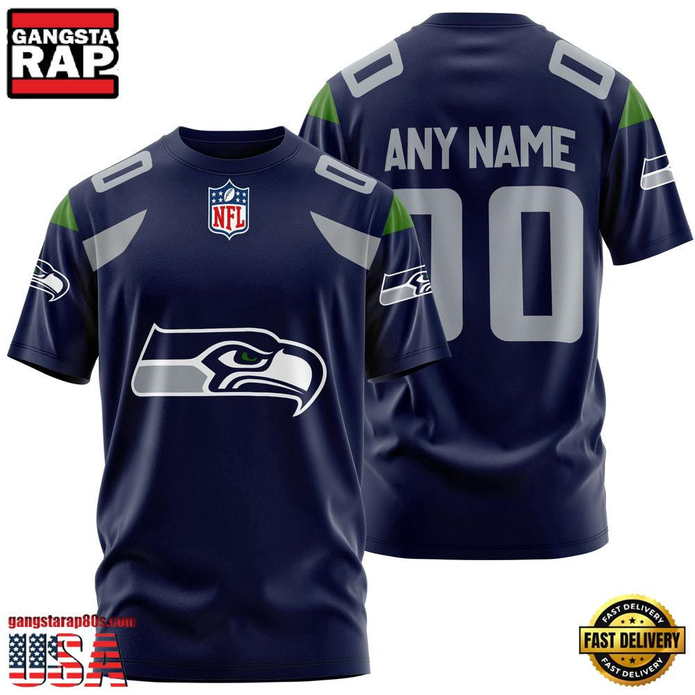 Seattle Seahawks Team Sport Custom Name & Number All Over Printed T-Shirt - Navy