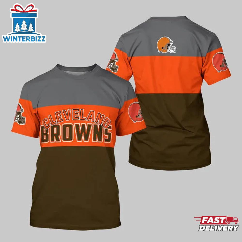 Cleveland Browns Logo Team All Over Printed T-Shirt - Gray/Orange/Brown