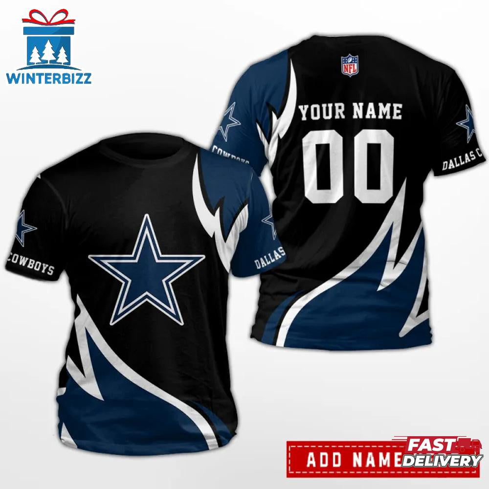 Dallas Cowboys Team Sport Flame Style Custom Name & Number All Over Printed T-Shirt - Black/Blue