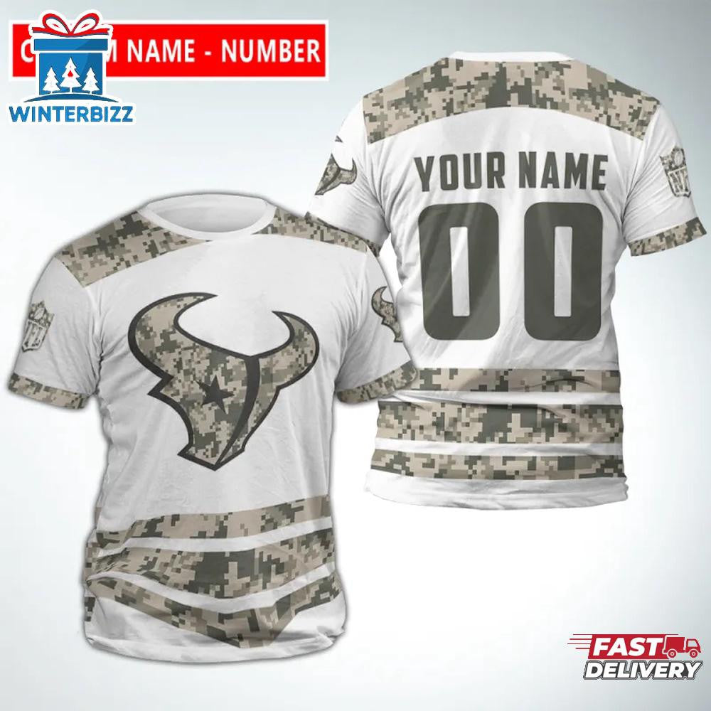 Houston Texans Sport Custom Name & Number All Over Printed T-Shirt - Camo/White