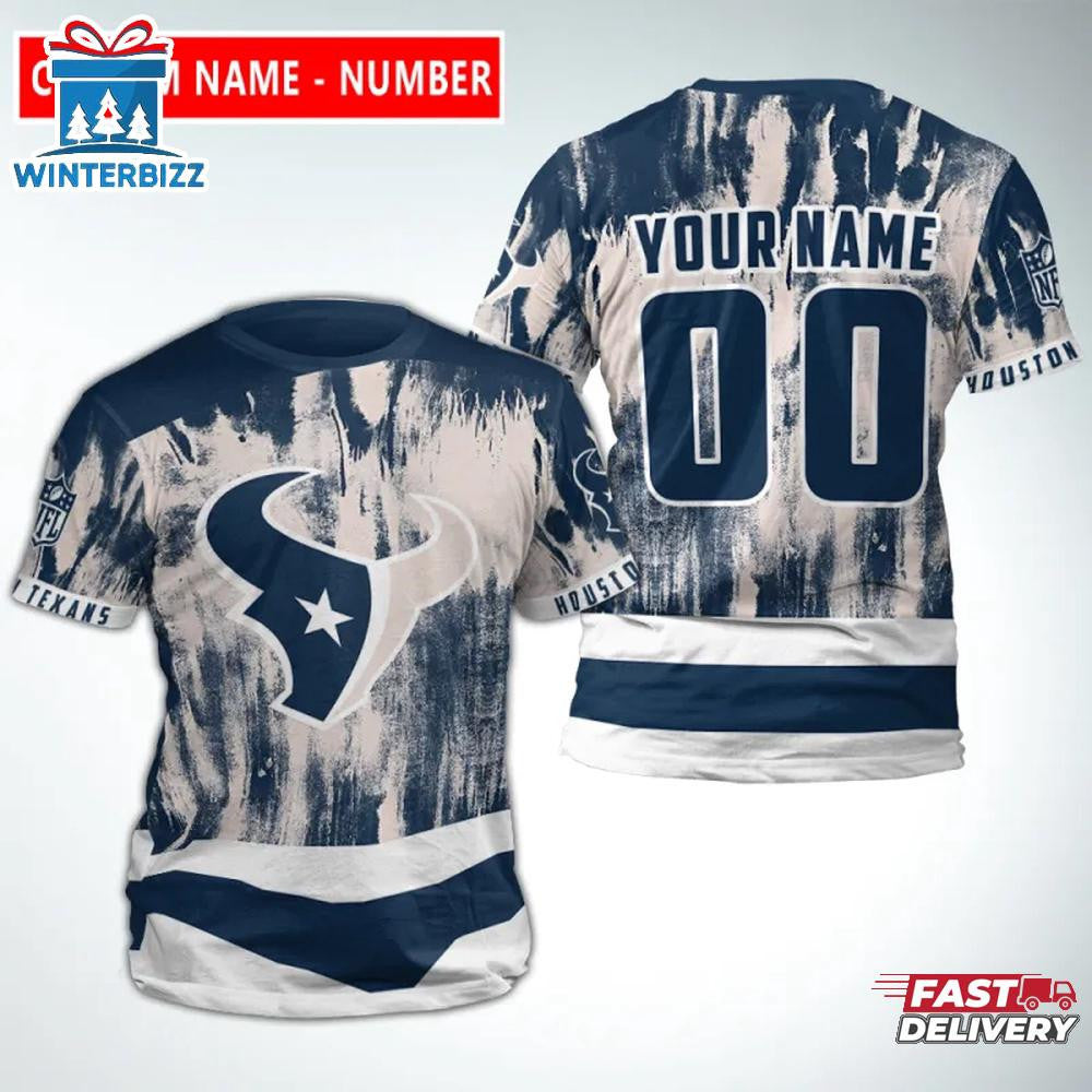 Houston Texans Color Bleeding Custom Name & Number All Over Printed T-Shirt - Navy/White