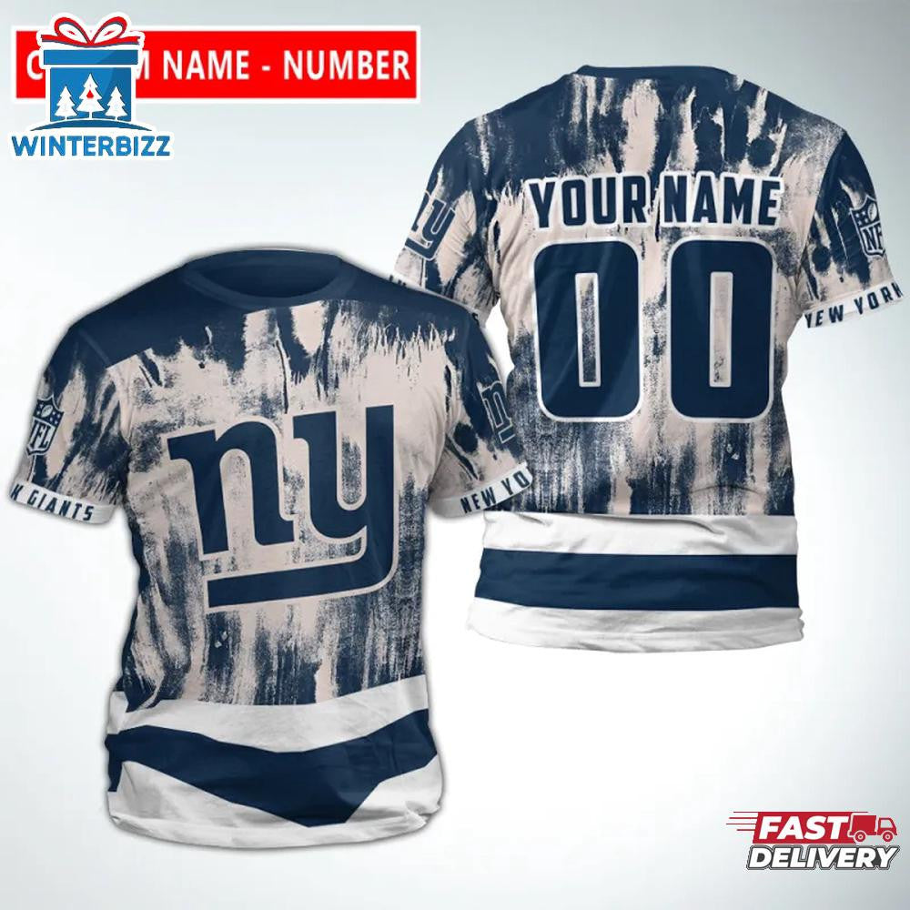 New York Giants Color Bleeding Custom Name & Number All Over Printed T-Shirt - Navy/White