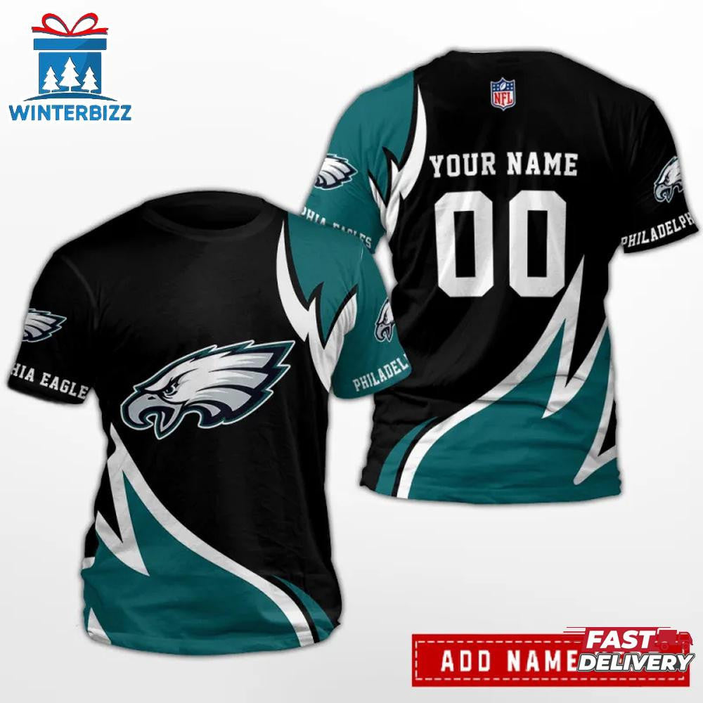 Philadelphia Eagles Team Sport Flame Style Custom Name & Number All Over Printed T-Shirt - Black/Midnight Green