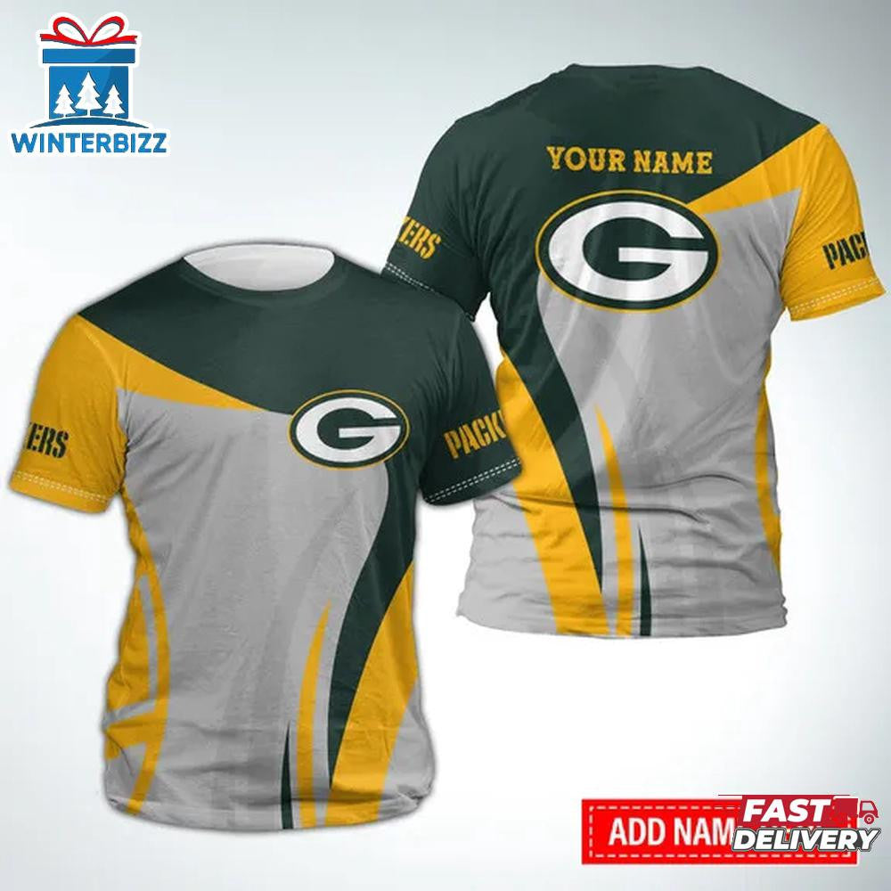Green Bay Packers Curve Sport Custom Name All Over Printed T-Shirt - Gray