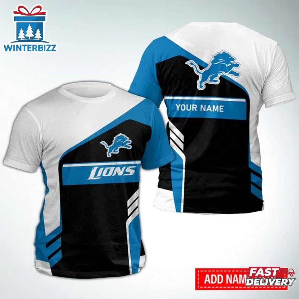 Detroit Lions Sport Custom Name All Over Printed T-Shirt - White/Blue/Black