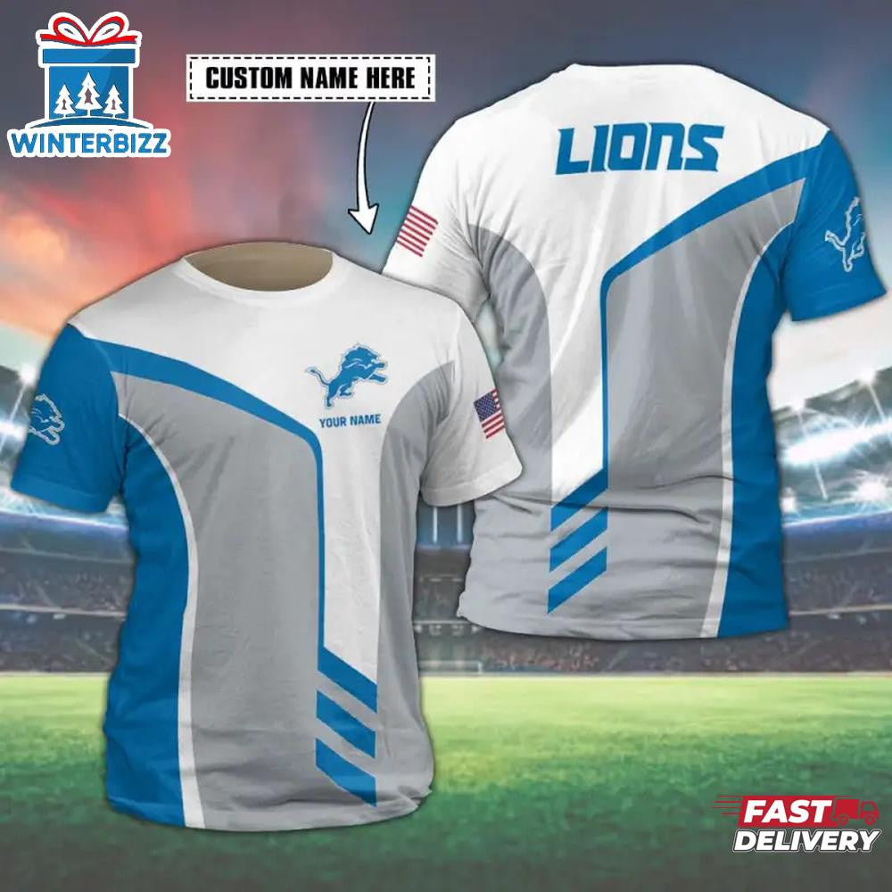 Detroit Lions Sport Custom Name All Over Printed T-Shirt - White/Blue/Gray