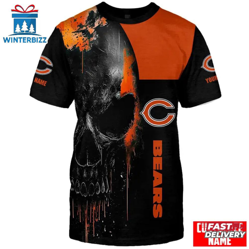 Chicago Bears Skull Face Custom Name All Over Printed T-Shirt - Black