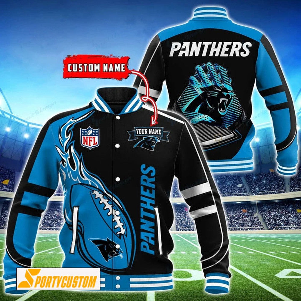 Carolina Panthers Fireball Custom Name Baseball Jacket Varsity Jacket - Black - All-Over-Printed Jacket