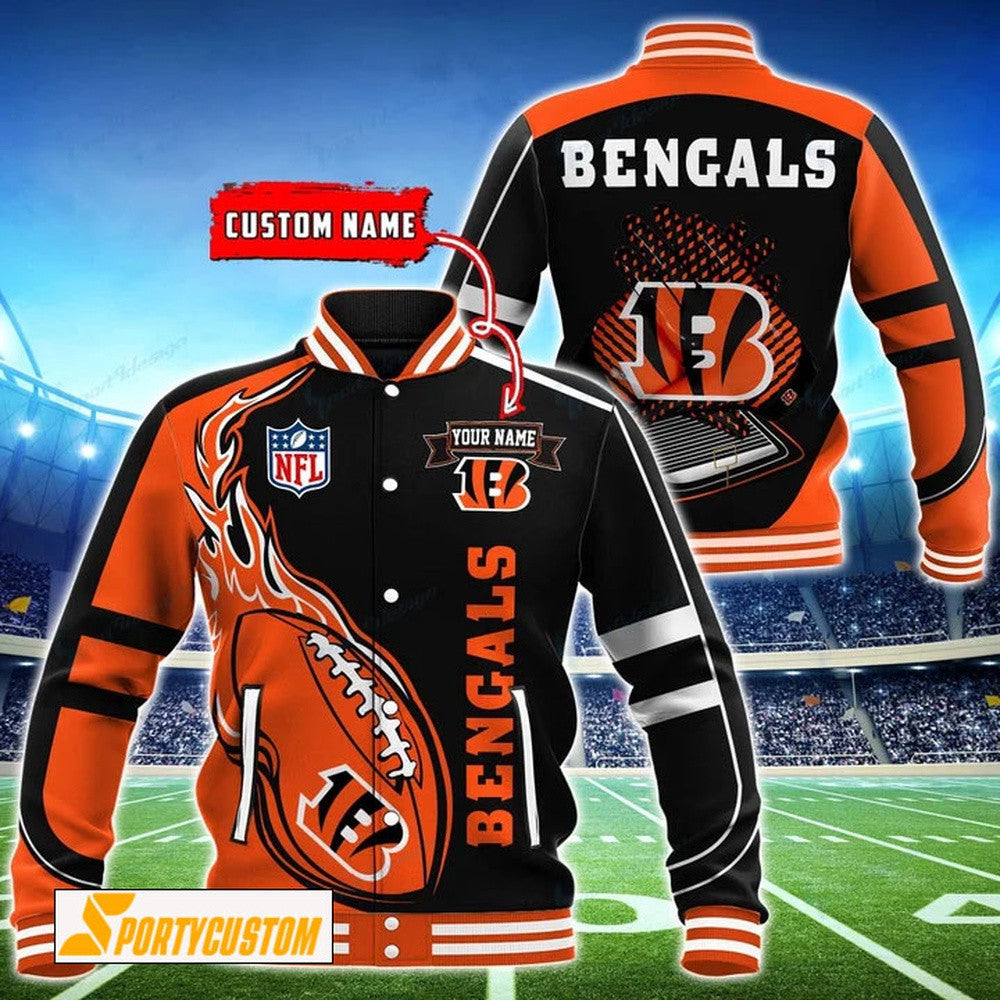 Cincinnati Bengals Fireball Custom Name Baseball Jacket Varsity Jacket - Black - All-Over-Printed Jacket
