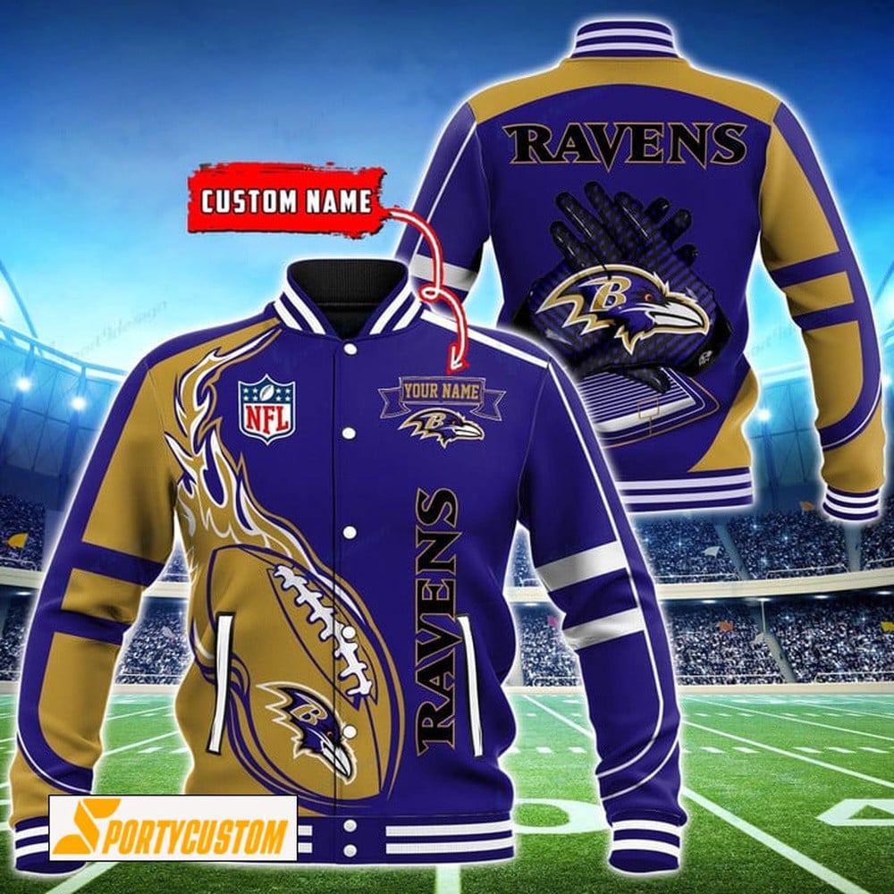 Baltimore Ravens Fireball Custom Name Baseball Jacket Varsity Jacket - Purple - All-Over-Printed Jacket