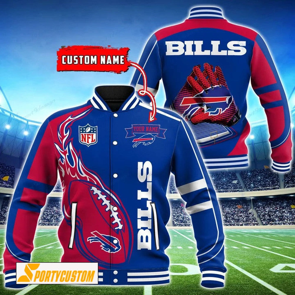 Buffalo Bills Fireball Custom Name Baseball Jacket Varsity Jacket - Royal - All-Over-Printed Jacket