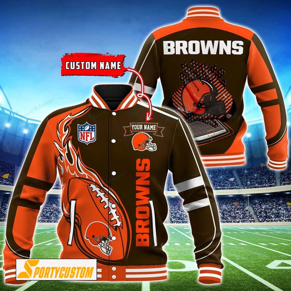 Cleveland Browns Fireball Custom Name Baseball Jacket Varsity Jacket - Brown - All-Over-Printed Jacket