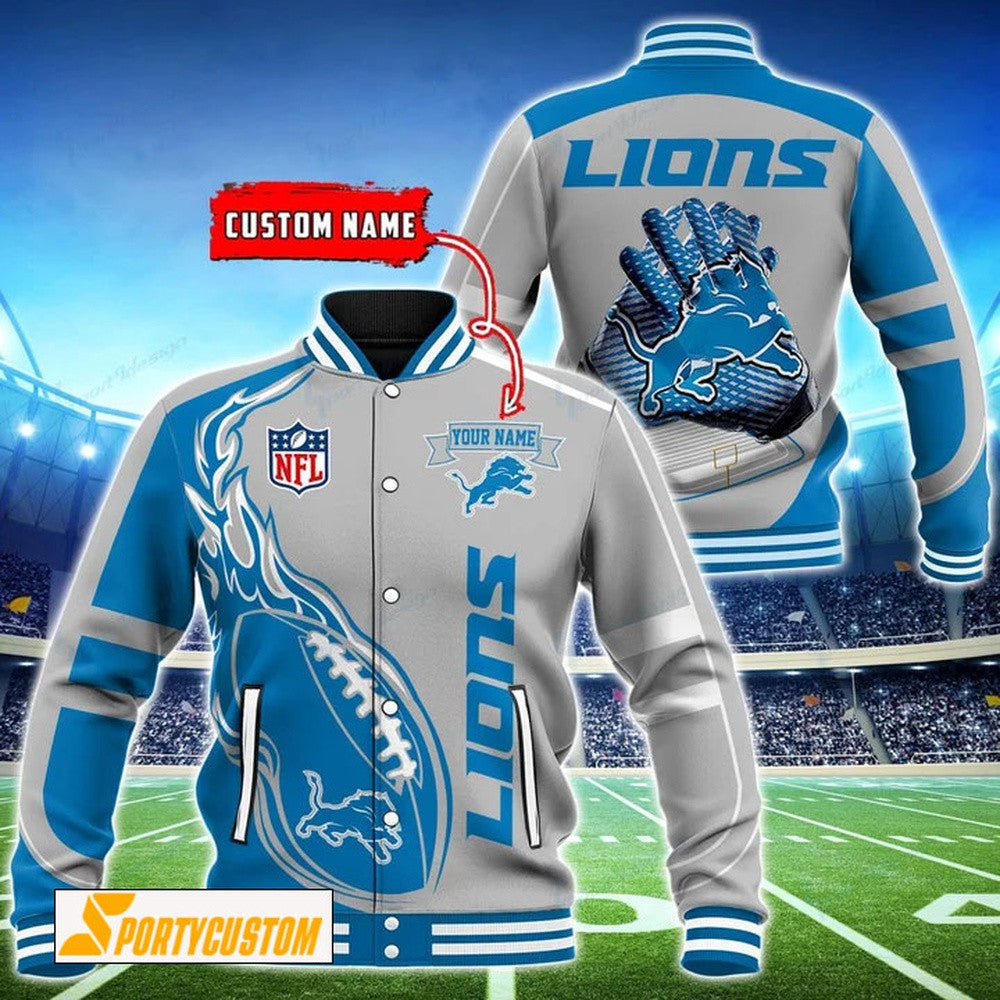 Detroit Lions Fireball Custom Name Baseball Jacket Varsity Jacket - Silver - All-Over-Printed Jacket