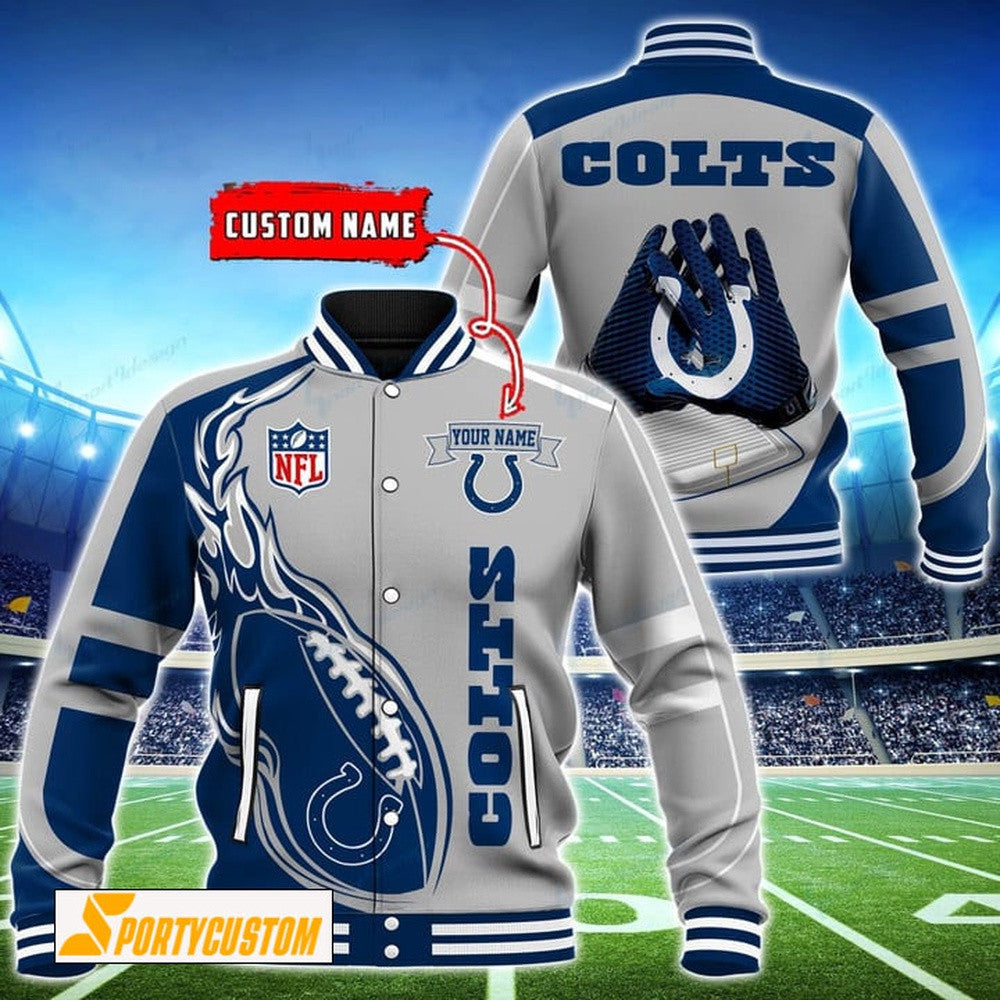 Indianapolis Colts Fireball Custom Name Baseball Jacket Varsity Jacket - Silver - All-Over-Printed Jacket