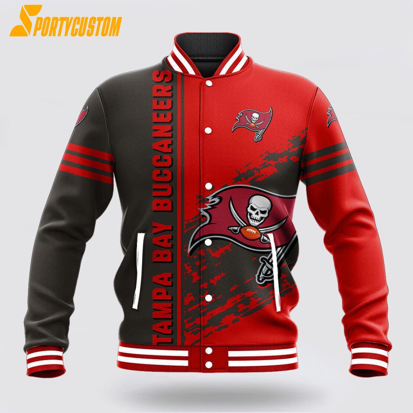 Tampa Bay Buccaneers Logo Baseball Jacket Varsity Jacket - Red/Pewter - All-Over-Printed Jacket
