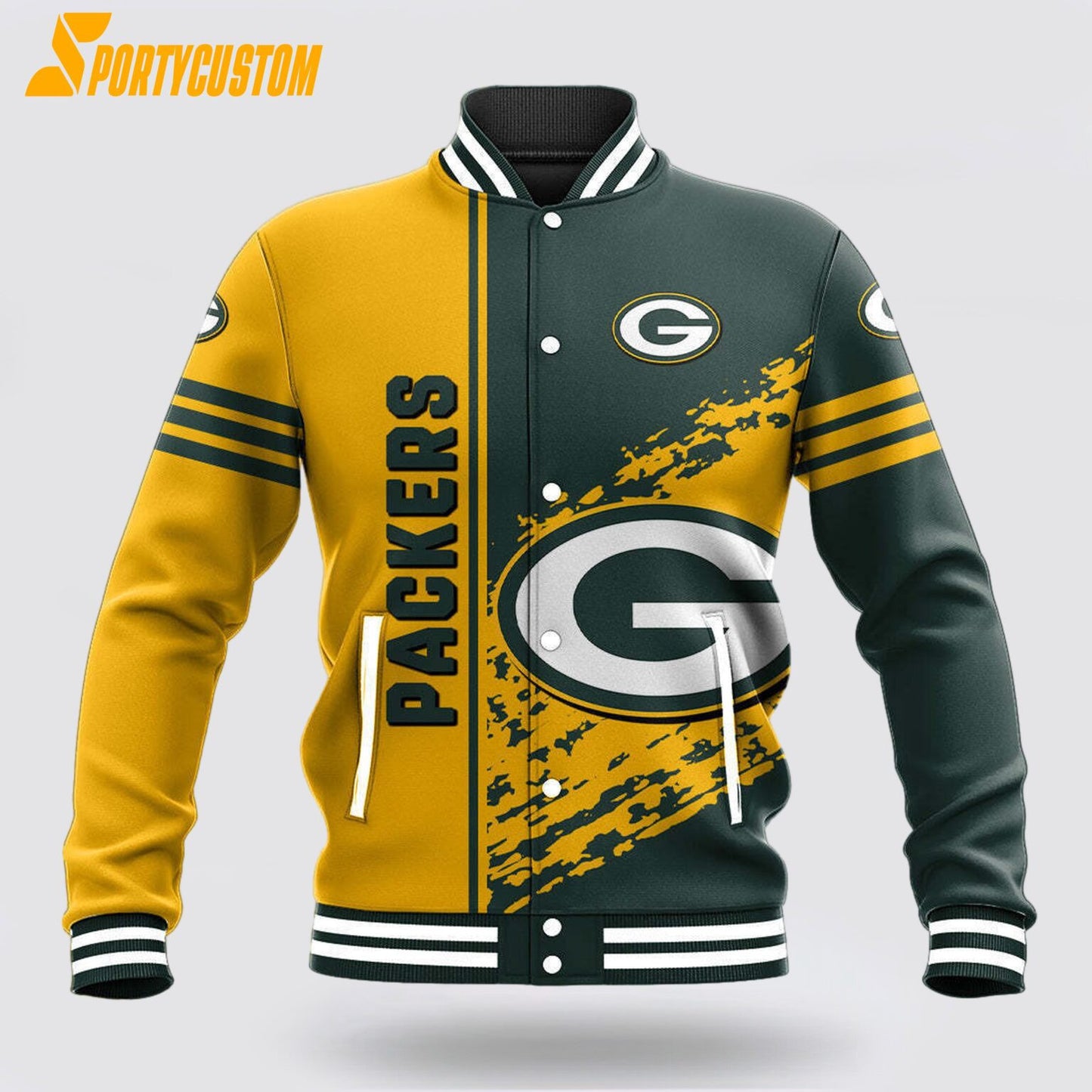 Green Bay Packers Logo Baseball Jacket Varsity Jacket - Green/Gold - All-Over-Printed Jacket