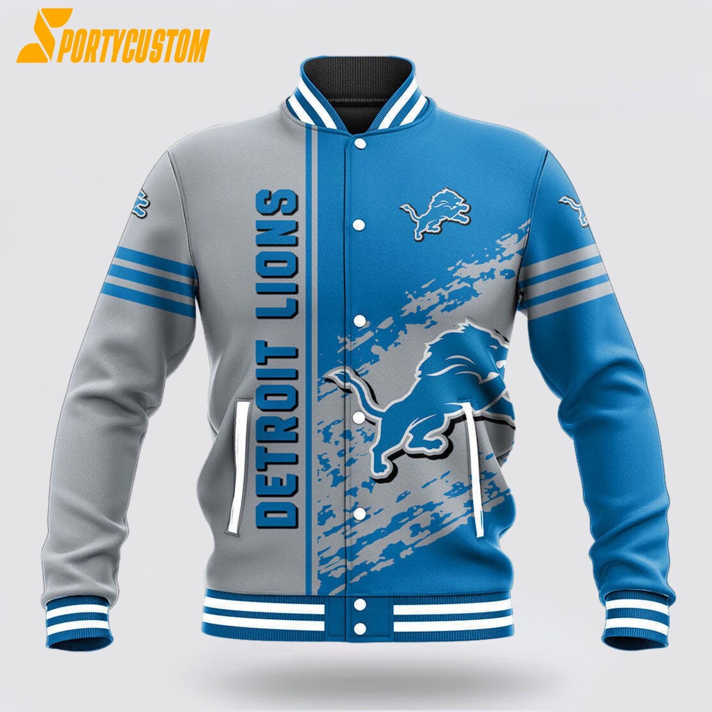Detroit Lions Logo Baseball Jacket Varsity Jacket - Blue/Silver - All-Over-Printed Jacket