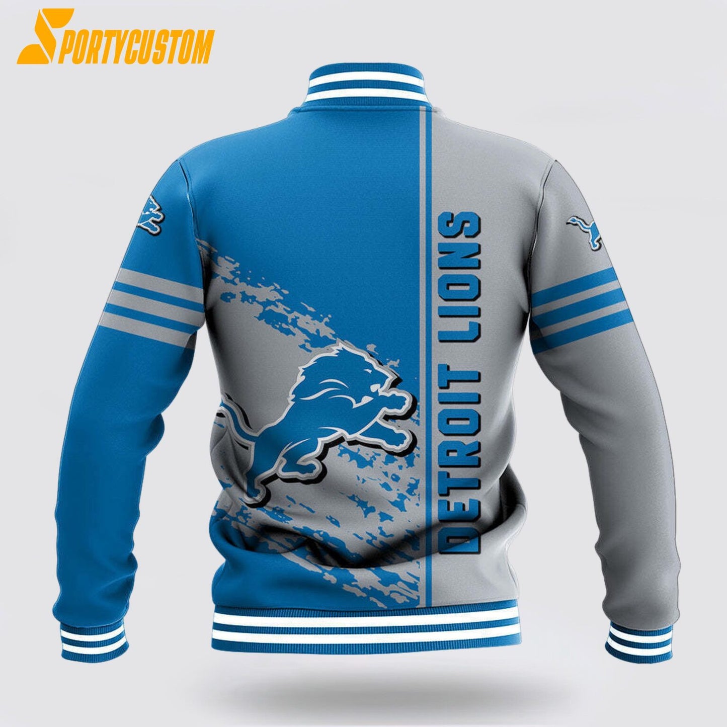 Detroit Lions Logo Baseball Jacket Varsity Jacket - Blue/Silver - All-Over-Printed Jacket