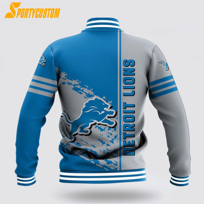 Detroit Lions Logo Baseball Jacket Varsity Jacket - Blue/Silver - All-Over-Printed Jacket