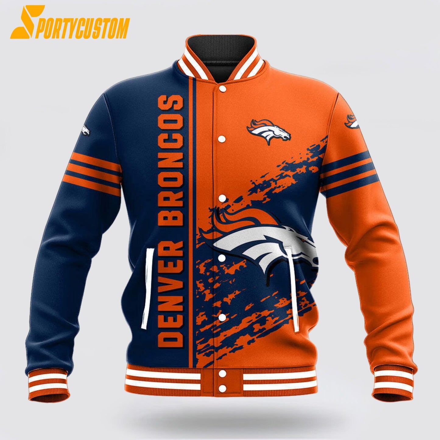 Denver Broncos Logo Baseball Jacket Varsity Jacket - Orange/Navy - All-Over-Printed Jacket
