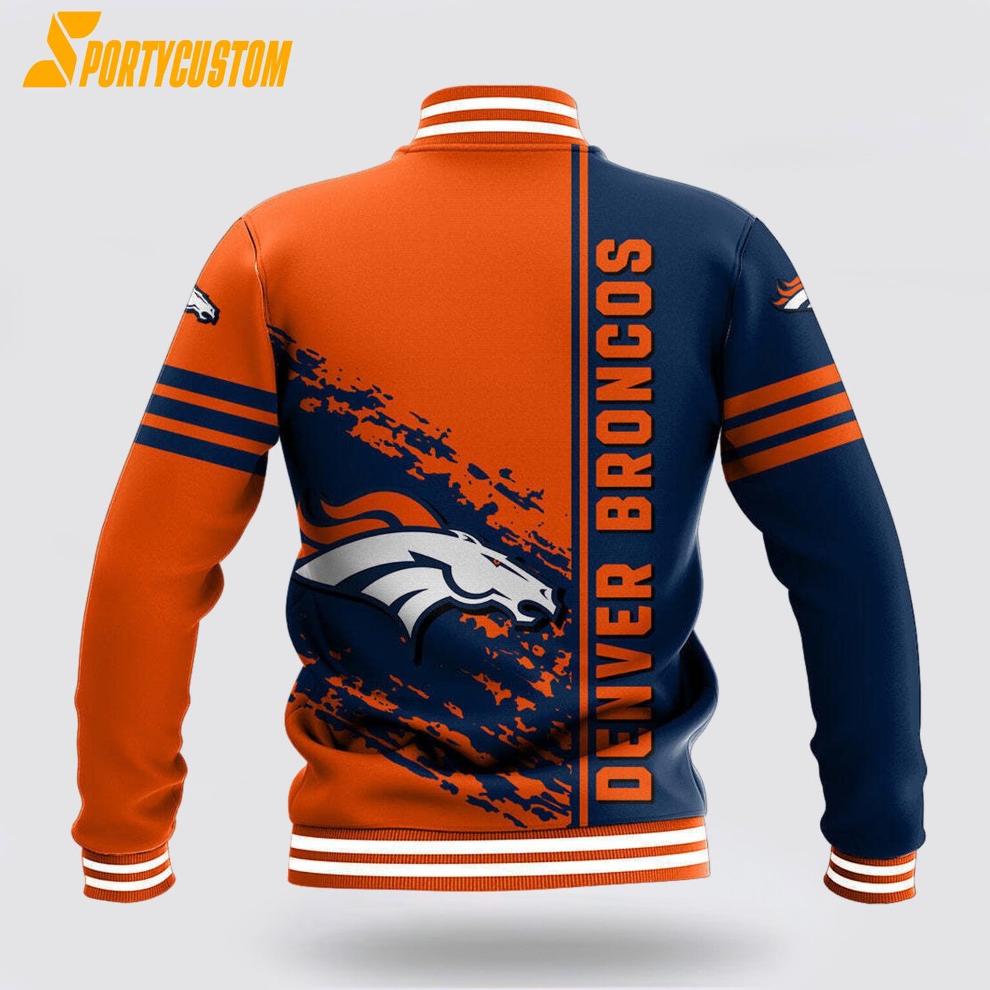 Denver Broncos Logo Baseball Jacket Varsity Jacket - Orange/Navy - All-Over-Printed Jacket