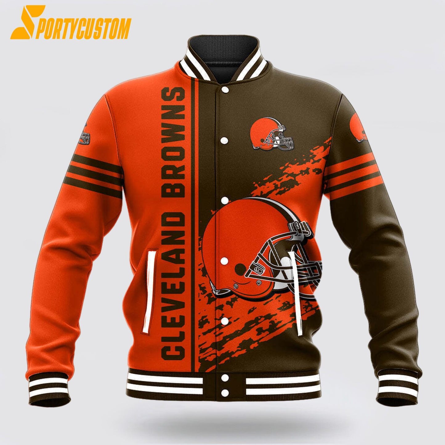 Cleveland Browns Logo Baseball Jacket Varsity Jacket - Brown/Orange - All-Over-Printed Jacket