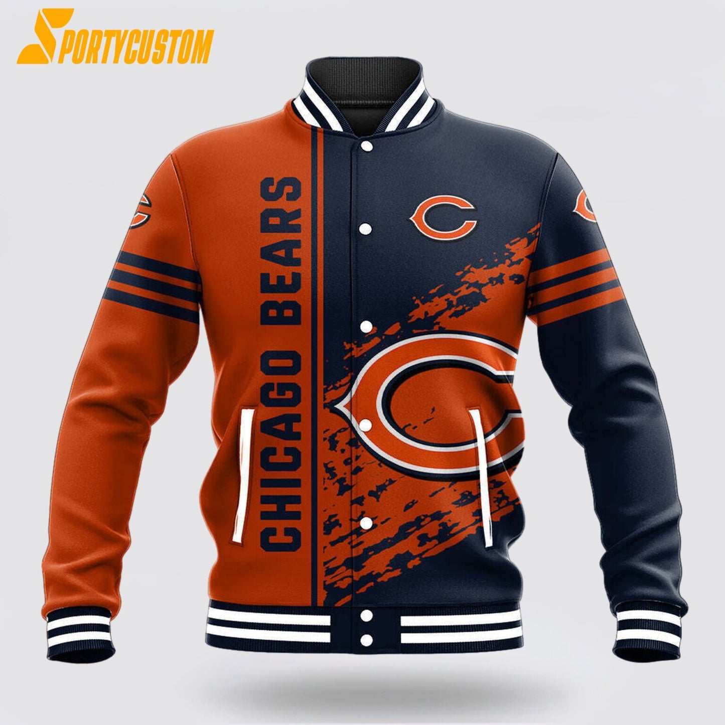 Chicago Bears Logo Baseball Jacket Varsity Jacket - Navy/Orange - All-Over-Printed Jacket