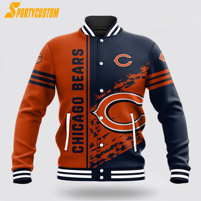 Chicago Bears Logo Baseball Jacket Varsity Jacket - Navy/Orange - All-Over-Printed Jacket