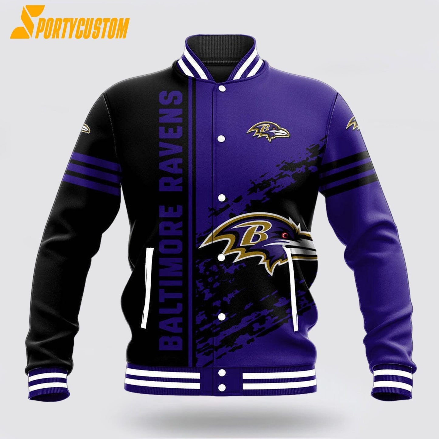 Baltimore Ravens Logo Baseball Jacket Varsity Jacket - Purple/Black - All-Over-Printed Jacket