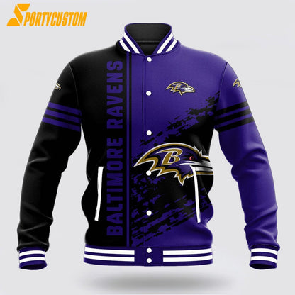 Baltimore Ravens Logo Baseball Jacket Varsity Jacket - Purple/Black - All-Over-Printed Jacket