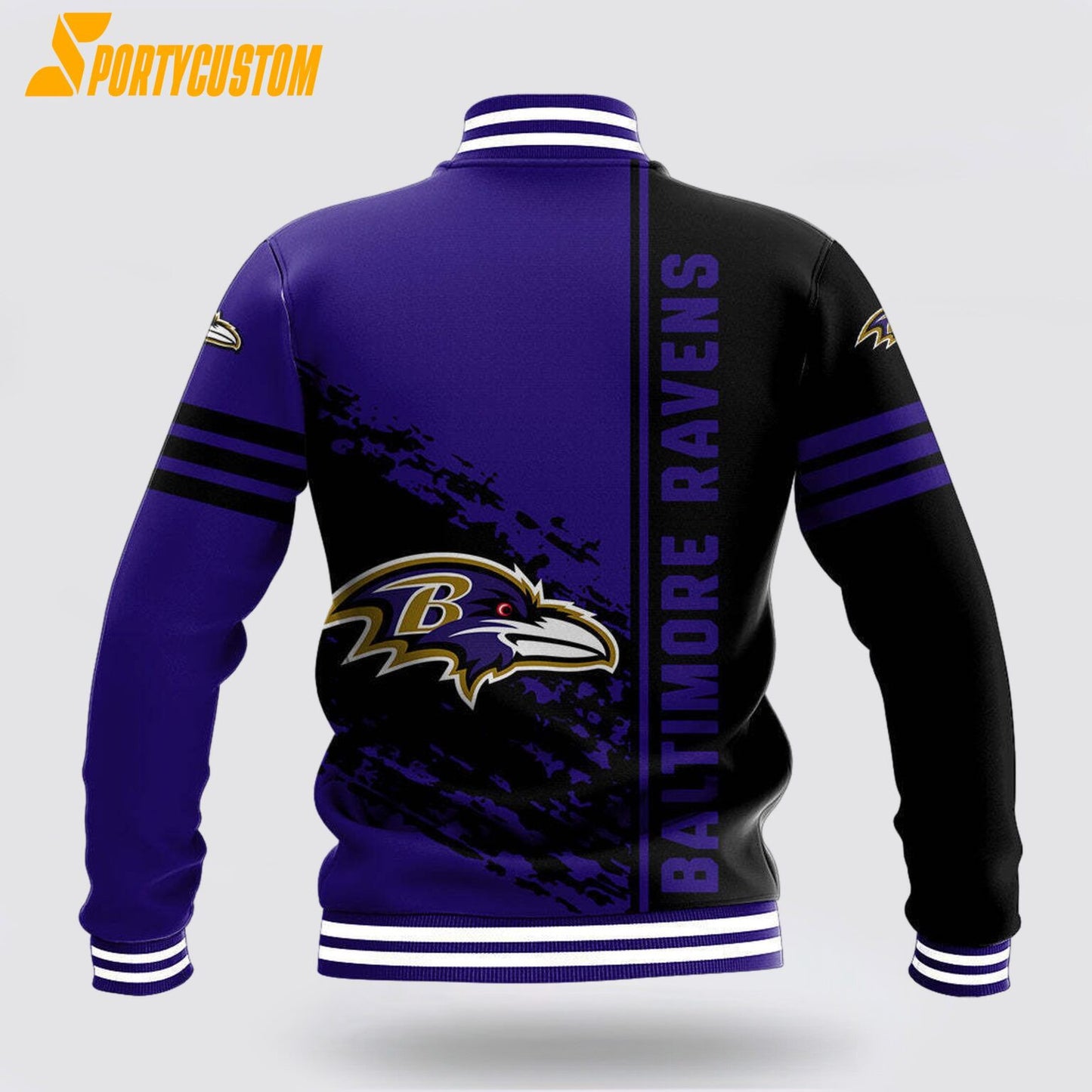 Baltimore Ravens Logo Baseball Jacket Varsity Jacket - Purple/Black - All-Over-Printed Jacket