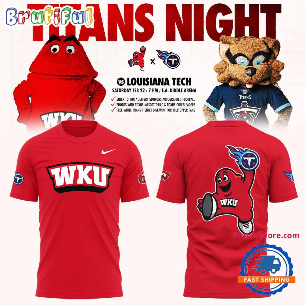 Western Kentucky Hilltoppers Tennessee Titans Night All Over Printed T-shirt - Red
