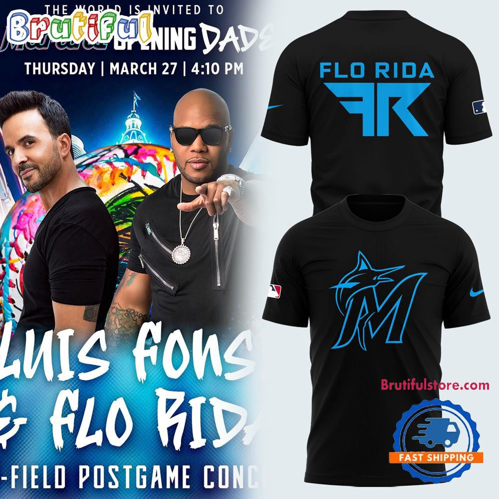 Miami Marlins x Luis Fonsi And Flo Rida 2025 New All Over Printed T-shirt - Black