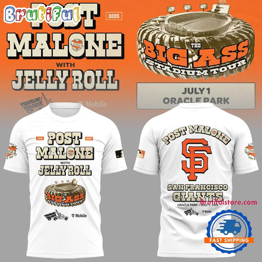 San Francisco Giants 2025 x Post Malone Big Ass Stadium Tour 2025 All Over Printed T-shirt - White
