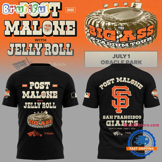 San Francisco Giants 2025 x Post Malone Big Ass Stadium Tour 2025 All Over Printed T-shirt - Black