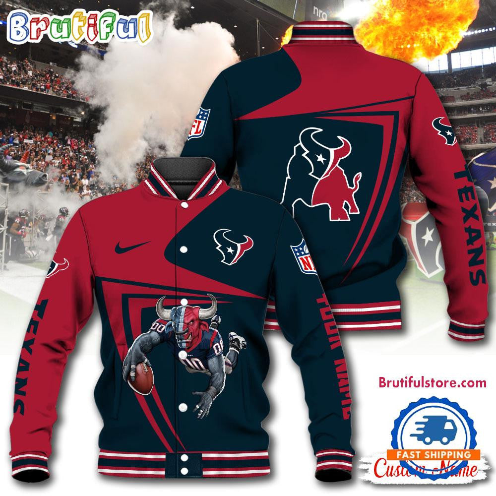 Houston Texans Football Mascot Limited New Design Baseball Jacket Varsity Jacket - Navy - All-Over-Printed Jacket