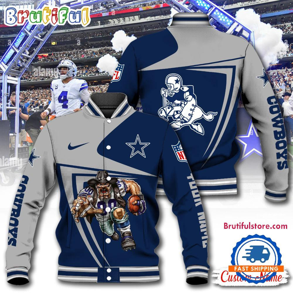 Dallas Cowboys Football Mascot Limited New Design Baseball Jacket Varsity Jacket - Navy - All-Over-Printed Jacket