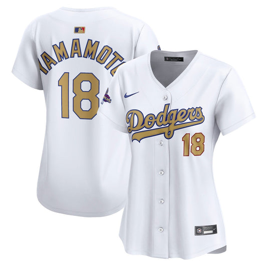 Yoshinobu Yamamoto 18 Los Angeles Dodgers Women's 2025 Gold Collection Limited Jersey - White
