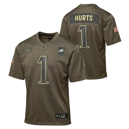 Jalen Hurts 1 Philadelphia Eagles 2025 Salute to Service YOUTH Jersey - Olive