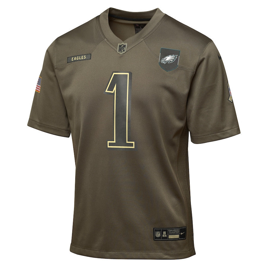Jalen Hurts 1 Philadelphia Eagles 2025 Salute to Service YOUTH Jersey - Olive